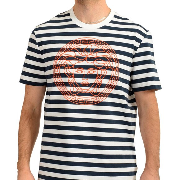 Versace Men's Medusa Head Embroidery Striped Short Sleeve T-Shirt US 3XL IT 58 - Picture 1 of 6